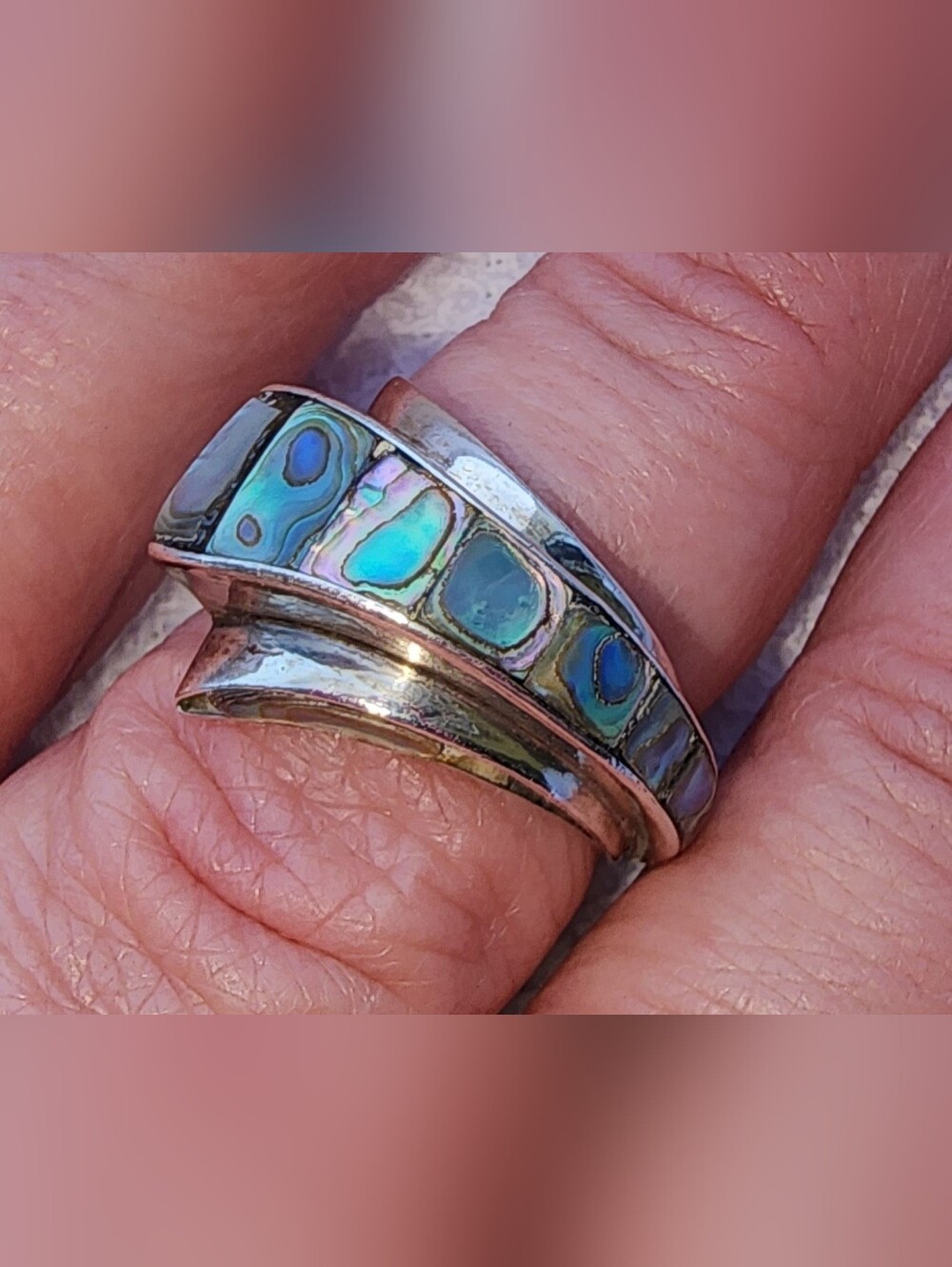 Sterling Silver Abalone Inlay Ring - Blue Green Shell,Adjustable